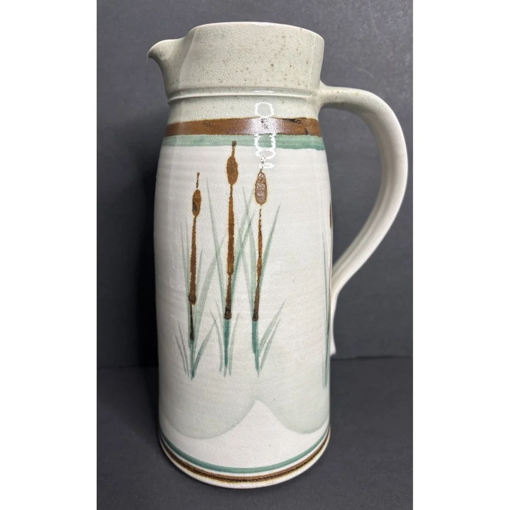R Turnage Pottery Pitcher Cattail Reed Handmade Hand Painted Virginia *READ